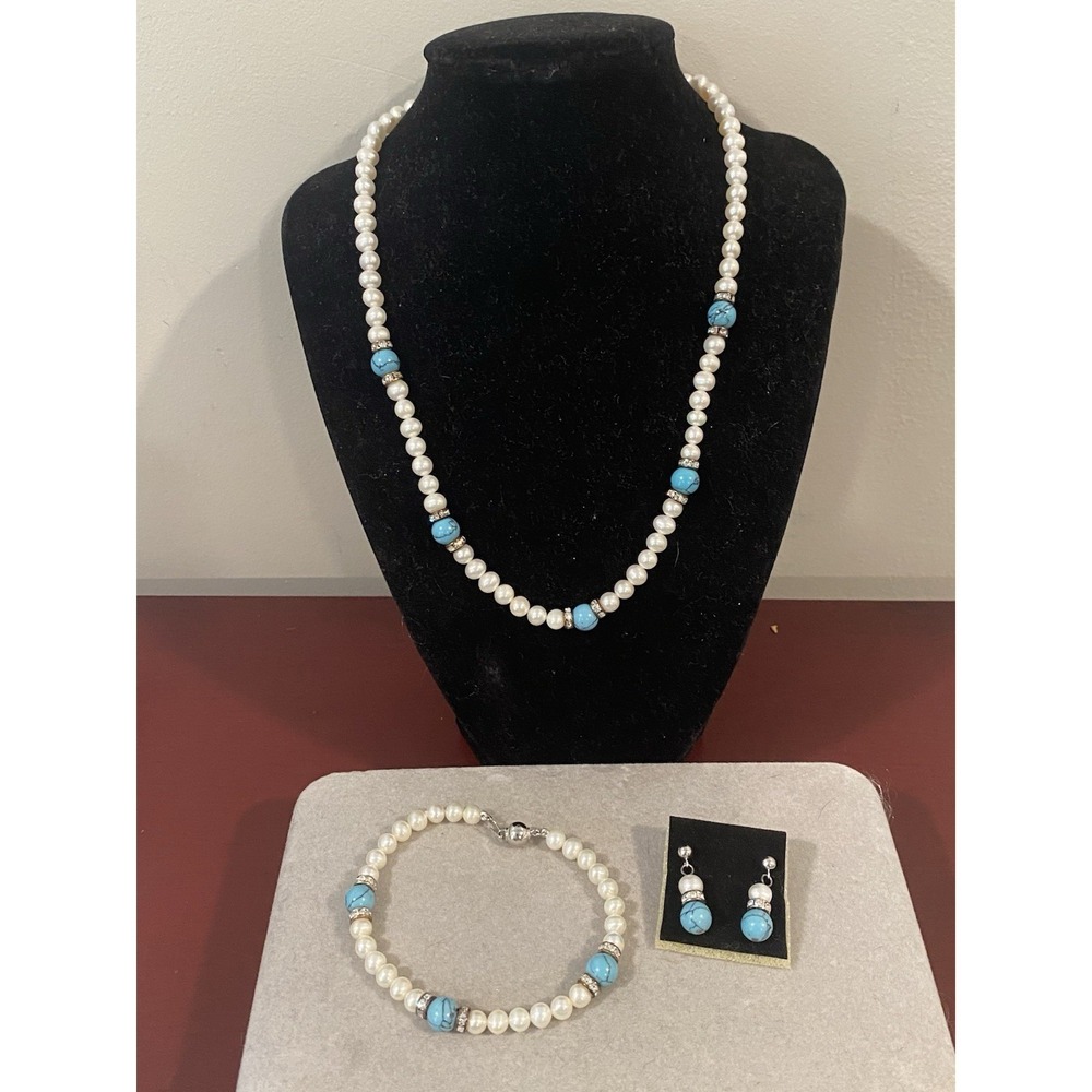 Vtg Danbury Mint Turquoise Pearl Crystal Set 19" Necklace, 8" Bracelet, Earrings